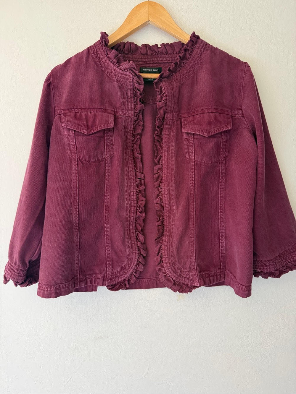 Cynthia Max Tencel Cotton Jacket Medium Burgundy Plum Ruffle 3/4 Sleeve